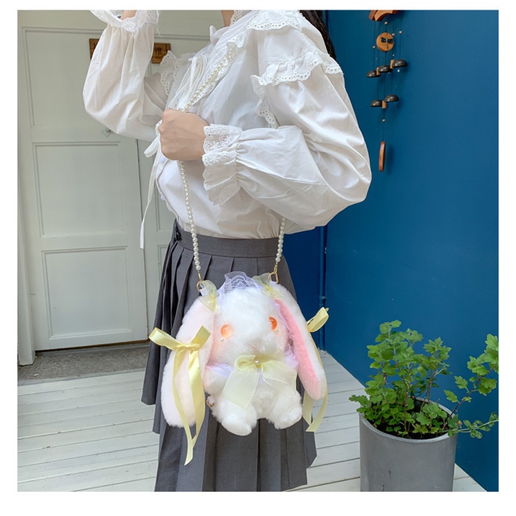 Túi Đeo Chéo Hình Thỏ Nhồi Bông Phối Dây Xích Đính Ngọc Trai Phong Cách Lolita Nhật Bản Dễ Thương