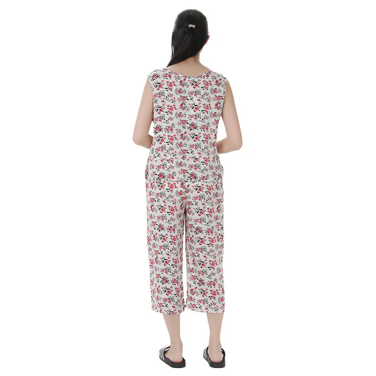 Bộ mặc nhà lanh (tole) chéo Hàn Vicci BST.086.7 quần ống sớ hoạ tiết hoa đỏ nền kem