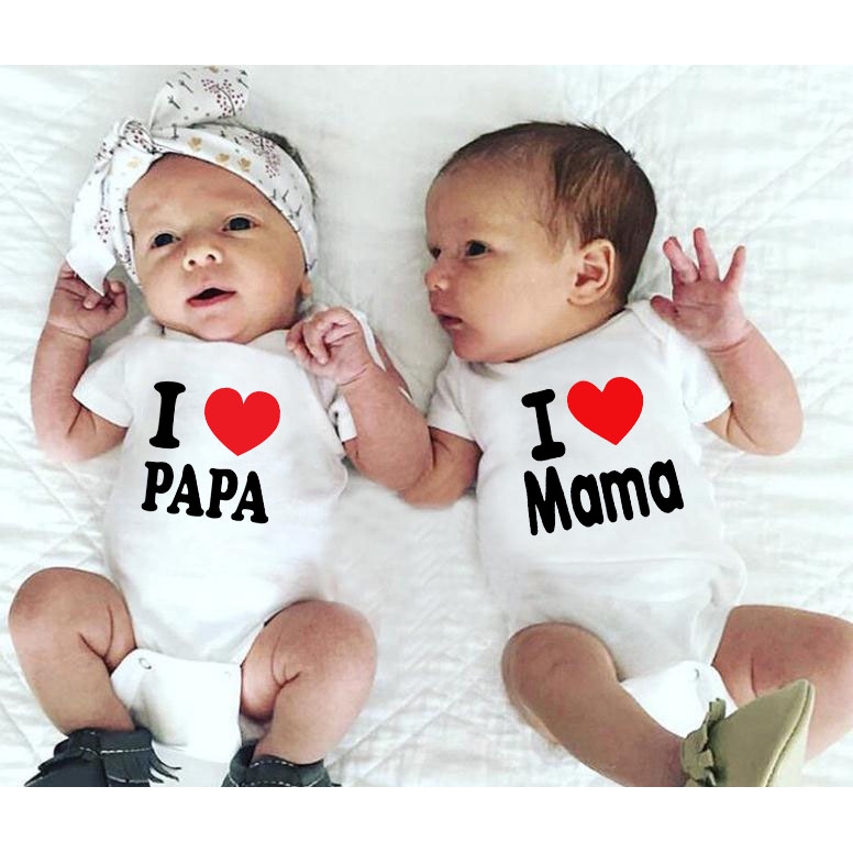 Bộ Áo Liền Quần Mềm Mại In Chữ I Love Mama and I Love Papa Thời Trang Mùa Hè Cho Bé Sơ Sinh