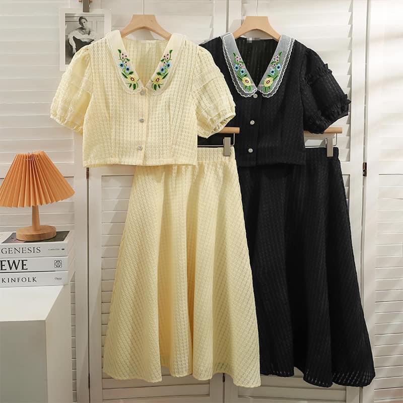 Sét Aó Cổ Thêu Hoa JARI - CLOTHES Chân Váy Dài Phong Cách Hàn Quốc Đẹp Nữ Dễ Thương