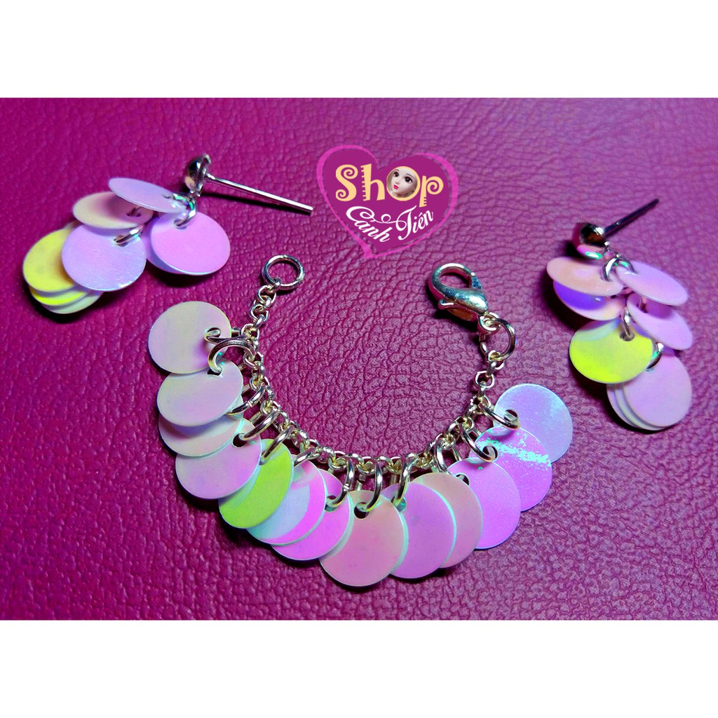 Bộ Trang Sức Búp bê  - Vòng cổ, Bông tai  Búp bê Kết hạt Kim sa Hồng, đen - Xích Bạc Cực kỳ đẹp