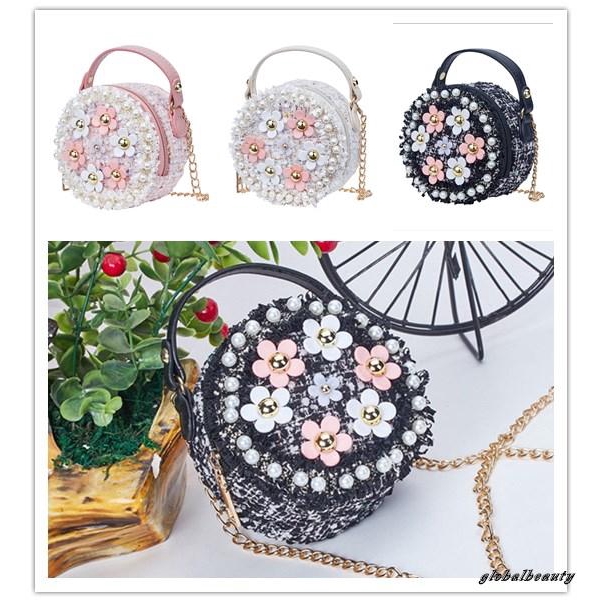 Túi đeo chéo hình tròn họa tiết hoa đính ngọc xinh xắn dành cho bé gái