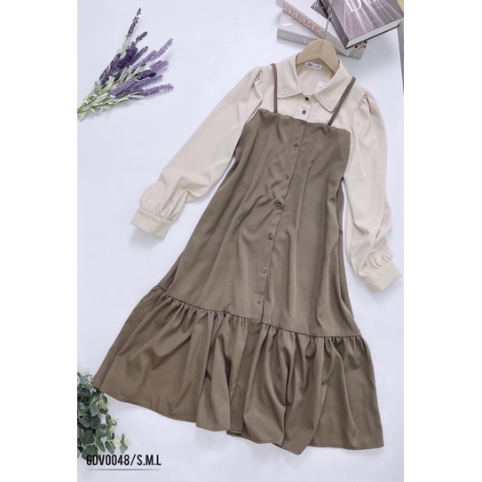 Bán sỉ váy xoè đuôi cá vintage kèm đai màu nâu dài 103cm