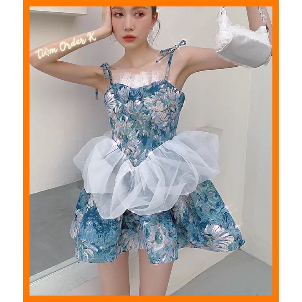 [Sẵn Hàng]♥️Đầm,Váy Xanh Retro Hoa+Áo Ren(ảnh thật)Size S-&gt;XL