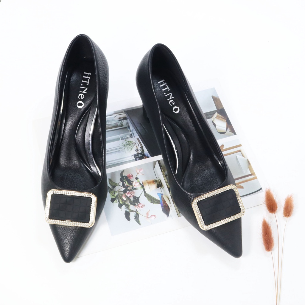 Giày cao gót nữ HT.NEO da bò thật êm mềm kết hợp gót cao đến 7cm ,nơ vuông đính đá ,kiểu dáng sang trọng ,thanh lịchGC05