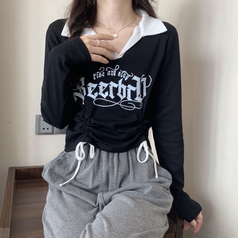 Áo Sơ Mi Dài Tay Cổ Polo Phối Dây Rút Màu Sắc Tương Phản Thời Trang Hàn Quốc Cho