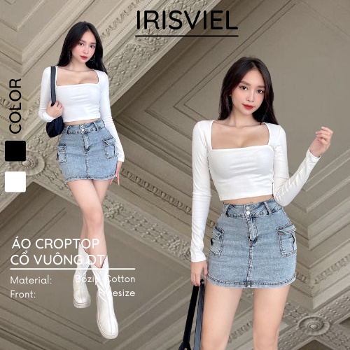 Áo Croptop Cổ Vuông Tay Dài, Áo Ctr Thun Body Chất Borip Nữ Tính Freesize IRISVIEL