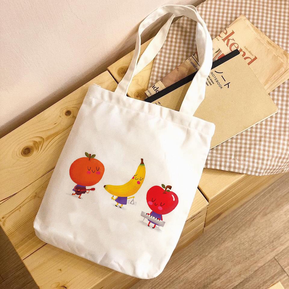 Túi tote  vuông vải canvas đeo vai in hình hoa quả hottrend trái đào - trái cây Hàn Quốc Có Khóa Miệng Túi