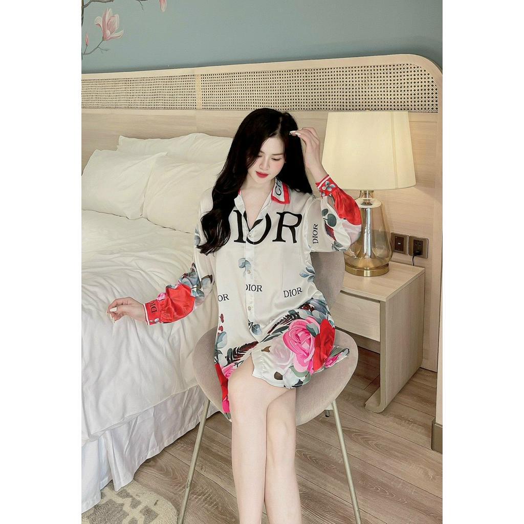Đầm ngủ sơ mi bigsize váy ngủ mặc nhà lụa Latin tay dài in họa tiết xinh xắn - VM11