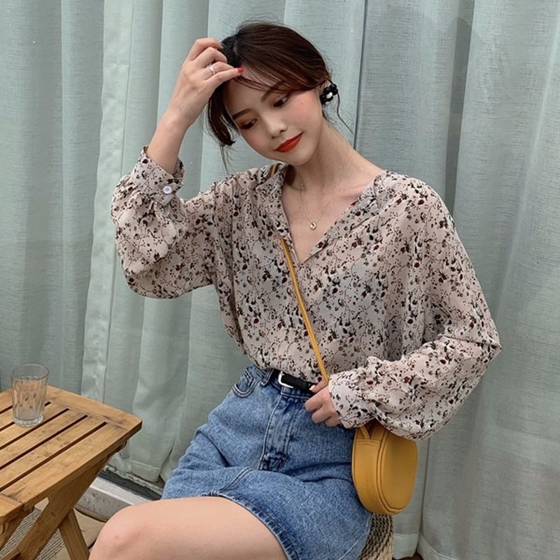 Áo Sơ Mi Chiffon Cổ Chữ V In Họa Tiết Hoa Phong Cách Hàn Quốc Dành Cho Nữ