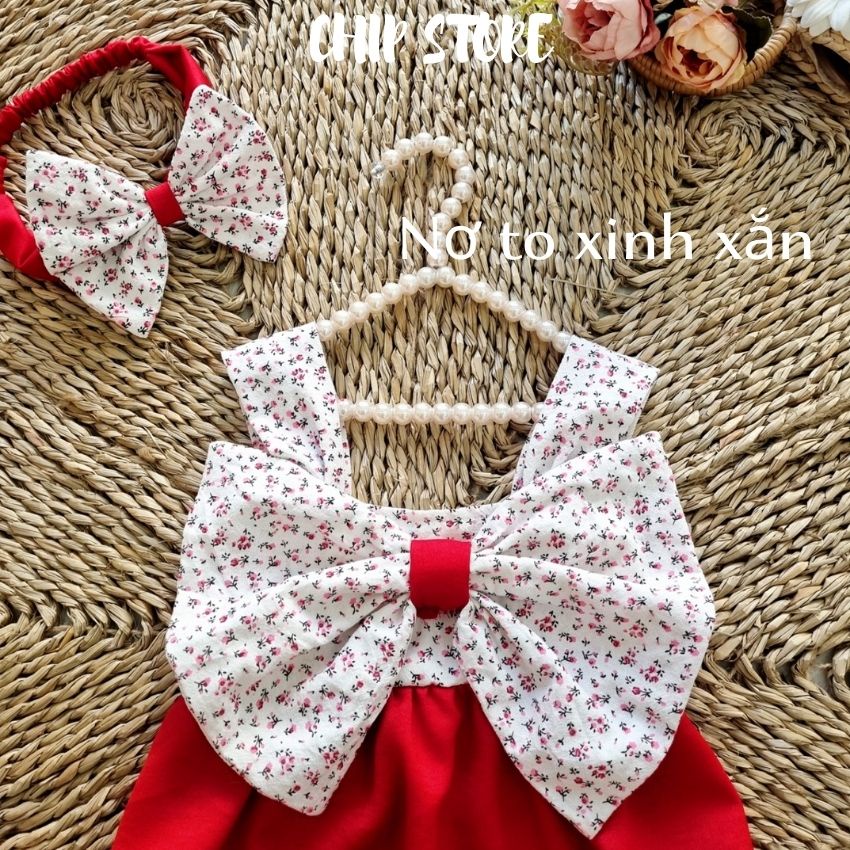 Body bé gái màu đỏ 2 dây phối nơ hoa to trước ngực sang chảnh cho bé sơ sinh - 1 tuổi CHIP STORE