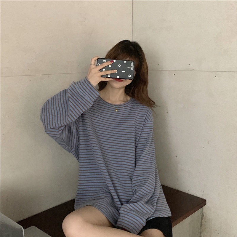 Jiashucheng Áo Thun Nữ Dài Tay Cổ Tròn Sọc Ngang Thời Trang Hàn Mới