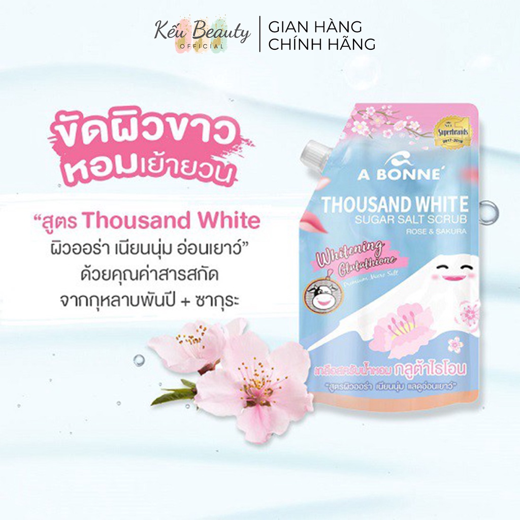 Muối tắm tẩy da chết trắng da A Bonne Thousand White Sugar Salt Scrub hoa hồng và anh đào 350g