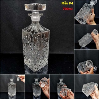 Vỏ Chai Đựng Rượu Đẹp 700ML pha lê mẫu vuông cao hoa văn nổi – Bình Pha Lê Đựng Rượu nắp mài nguyên khối (P4)