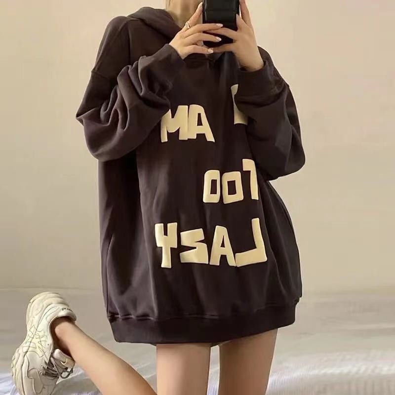 COZOK Áo Hoodie dài tay dáng rộng in chữ cá tính