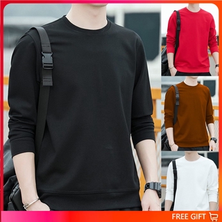 Áo Hoodie Tay Dài Cổ Tròn Màu Trơn Phong Cách Đường Phố Cho Nam