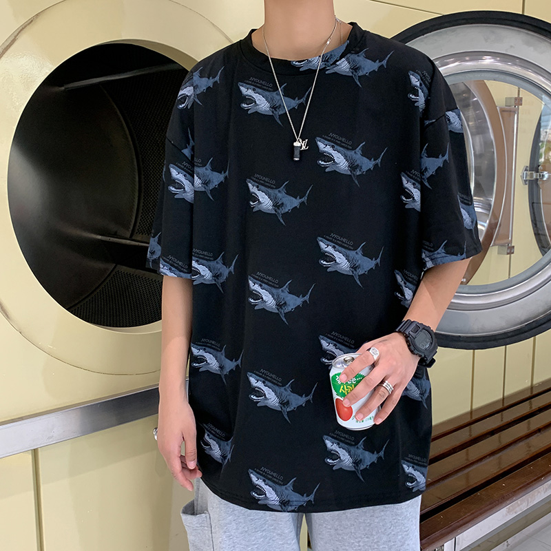 Unisex Shark Print Tshirt Men's Fashion Sports Short-sleeved T-shirts Summer Personality Oversized Tops T Shirt for Men Korean Style Loose Tee Clothing