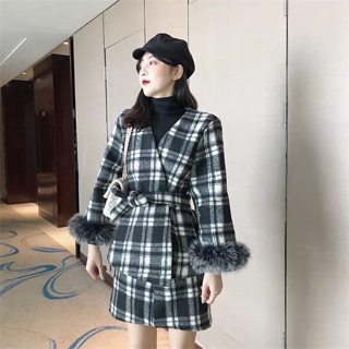 Set dạ xinh chân váy kẻ + áo khoác dạ kẻ tay lông ❤️❤️❤️
