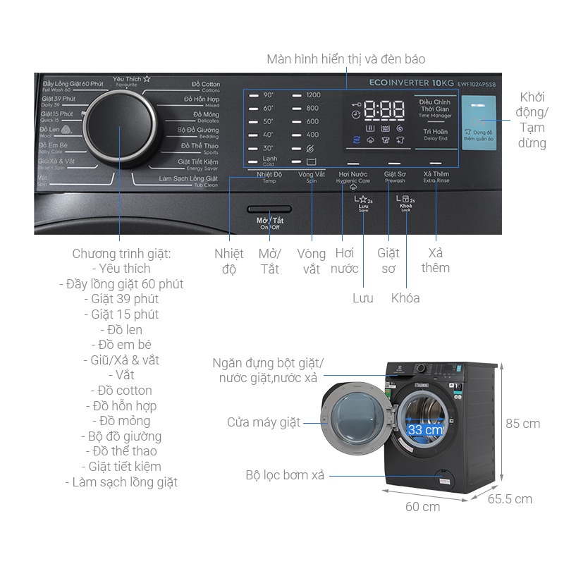 EWF1024P5SB - MÁY GIẶT CỬA TRƯỚC ELECTROLUX 10KG EWF1024P5SB - BẢO HÀNH CHÍNH HÃNG 24 THÁNG TẬN NƠI