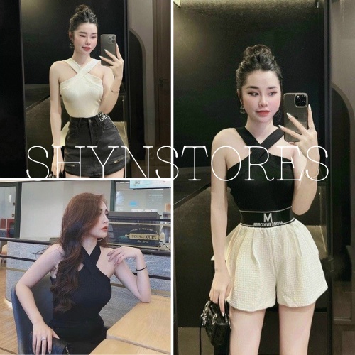 Áo croptop cổ chéo mặc 2 kiểu vải tăm co giãn hàng đẹp Shynstores