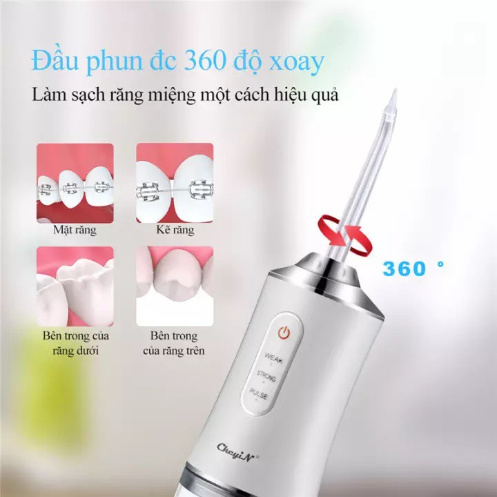 Máy Tăm Nước Vệ Sinh Răng Miệng Cầm Tay ORAL IRRIGATOR Chống Nước Kèm 4 Đầu Thay Làm Sạch Sâu, Trắng Răng