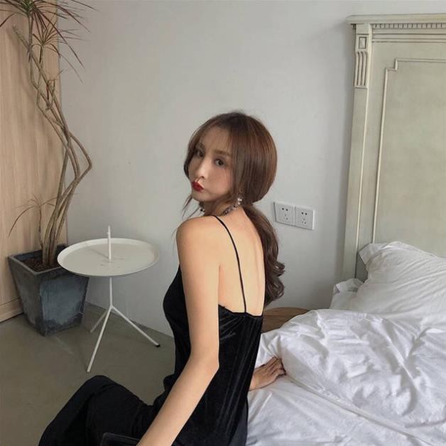 [Sẵn /HÌNH THẬT] Đầm body hai dây nhung xẻ tà dáng dài. Váy body nhung xẻ sexy  ྇