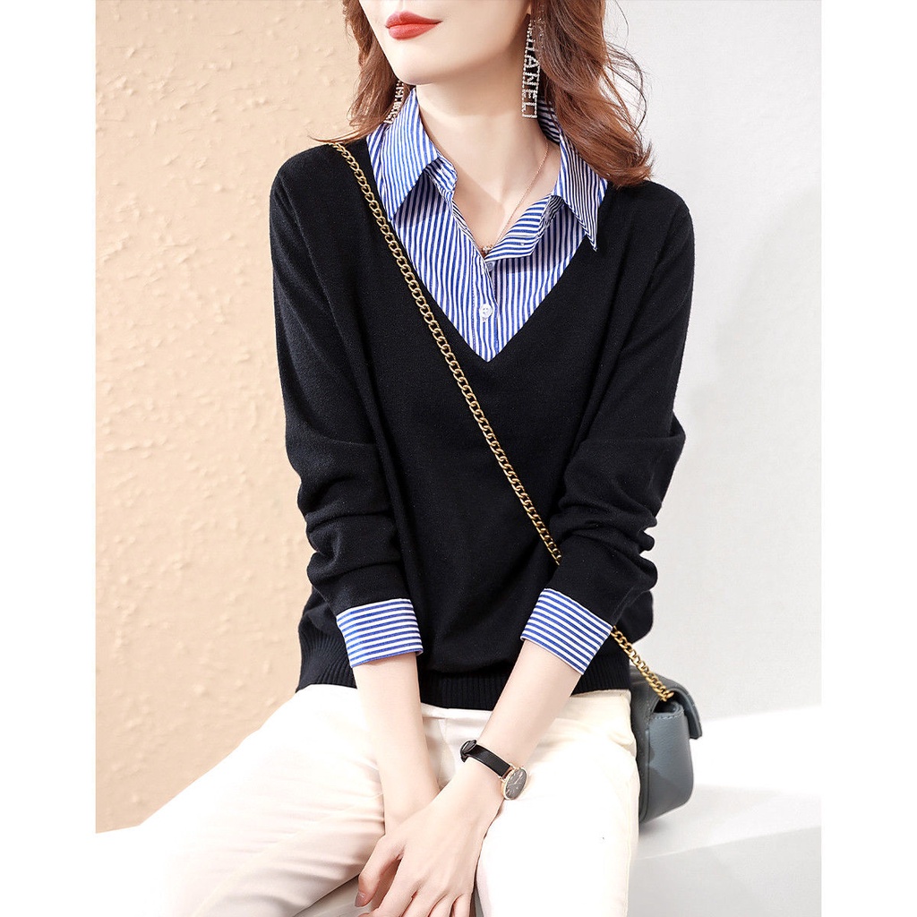 Áo Sơ Mi Tay Dài Cổ Bẻ Họa Tiết Kẻ Sọc Thời Trang Xuân Thu Hàng Mới Dành Cho Bạn Nữ