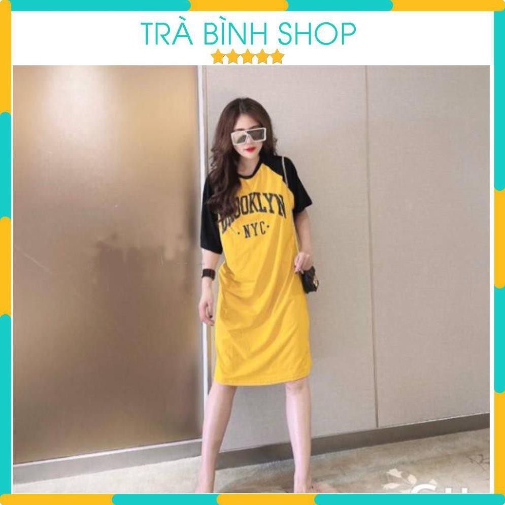 Đầm Dáng Suông Váy Dáng Dài Tay Lỡ Tay Phối Viền Đen Họa Tiết Chữ NYC Chất Thun Cotton Hàng VNXK ྇ ་