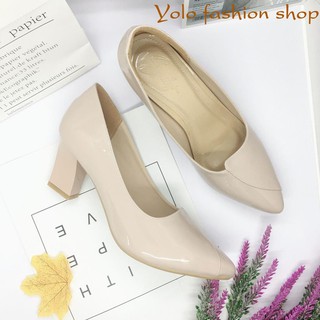 Giày cao gót nữ da bóng đế vuông 7cm vạt chéo hàng VNXK da mềm êm chân -HC05