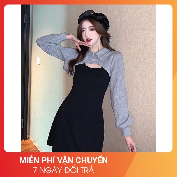 [LOẠI 1-FREESHIP] Set váy đen phối vạt sơ mi xám 24APRIL 🌸 chất len tăm mix nỉ siêu dày dặn 🌸 | BigBuy360 - bigbuy360.vn