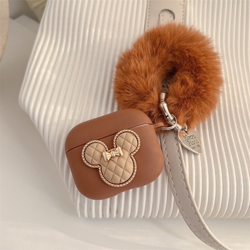 Case Airpods 1/2 /Pro Vỏ Ốp Tai Nghe Hình Mickey Nâu Kèm Cục Bông - Mr.Case AirPods