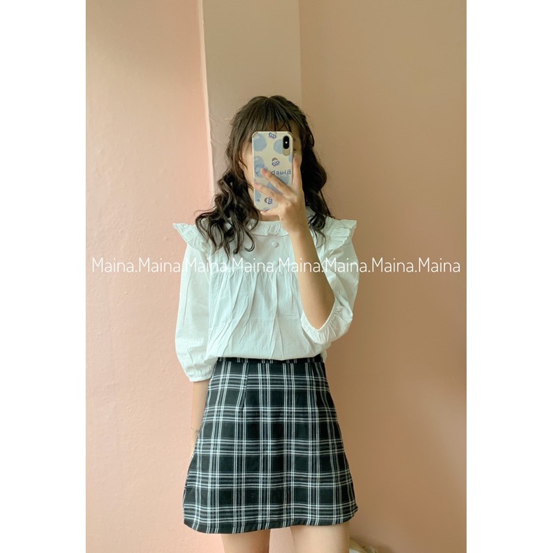 Áo babydoll cúc bọc trắng basic tay bồng(Ảnh thật/sẵn)