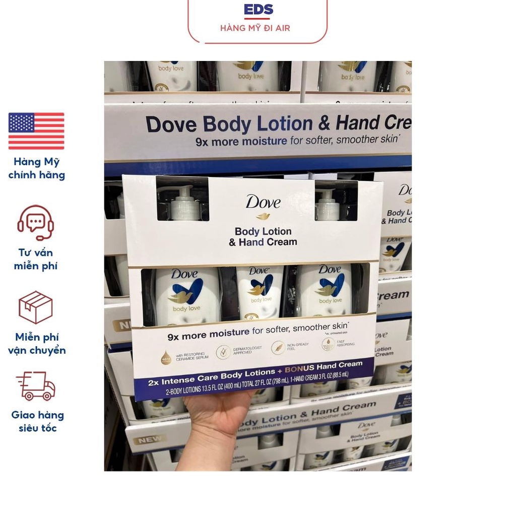 Bộ dưỡng da toàn thân Dove Body Lotion &amp; Hand Cream - EDS Hàng Mỹ, tái tạo độ ẩm, nuôi dưỡng chăm sóc làn da