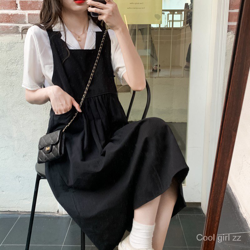Đầm Yếm Lửng + Áo Sơ Mi Tay Ngắn Dáng Rộng Phong Cách Hàn Quốc Thời Trang Cho Nữ | BigBuy360 - bigbuy360.vn