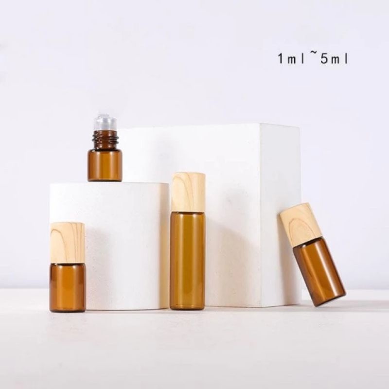 Mẫu 2022 Combo 5 Chai nâu Bi lăn Nắp Vân gỗ chít nước hoa tinh dầu đubai mini tiện dụng bỏ túi ví bóp mang theo người ,