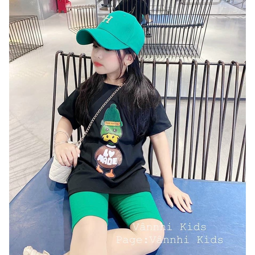 Bộ cộc tay bé gái, bộ áo hình chú vịt xanh dáng thụng kèm quần legging cho bé