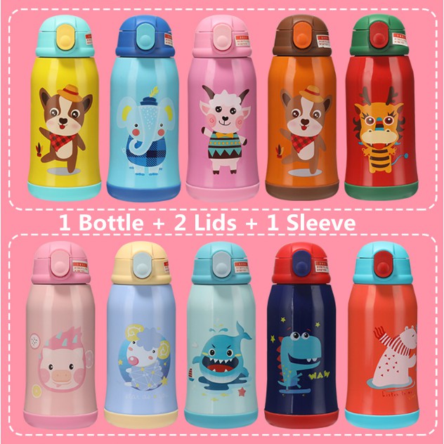 Bình Nước Giữ Nhiệt Hình Khủng Long Hoạt Hình Có Dây Đeo Cho Bé SUS304 600Ml