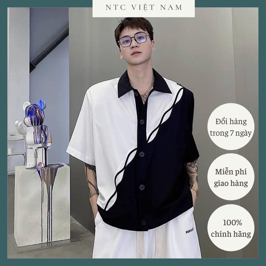 Áo sơ mi lụa trượt nam phối màu đen trắng BASIC NTC  A043