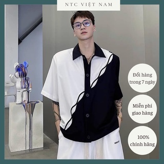 Áo sơ mi lụa trượt nam phối màu đen trắng basic ntc a043