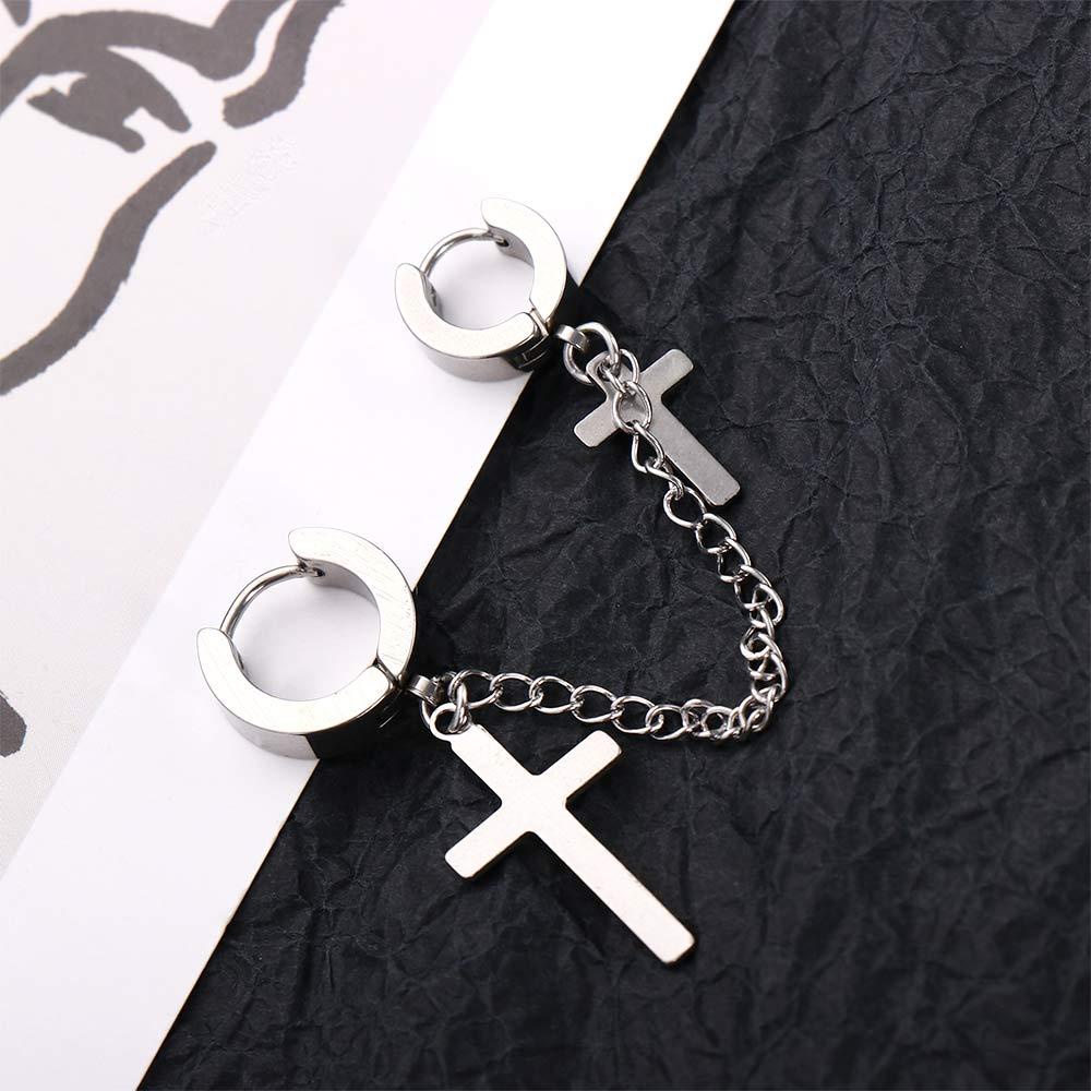 Bông Tai Dạng Kẹp Hình Thánh Giá Phối Dây Xích Phong Cách Punk Cổ Điển Cho Nam Và Nữ