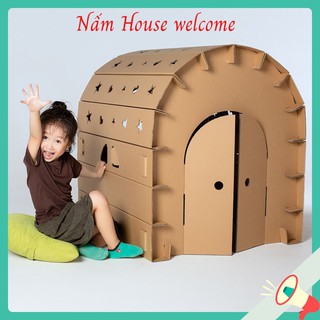 Nhà bìa carton cho bé - Đồ chơi lắp ghép sáng tạo - Kích thước 100x84x78 cm [Tặng đèn + sticker trang trí]