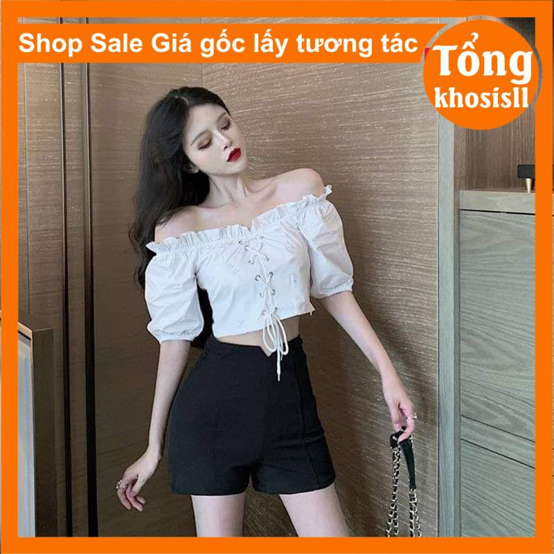 [ẢNH THẬT] áo croptop nữ tay bồng có dây nơ ,trễ vai oze