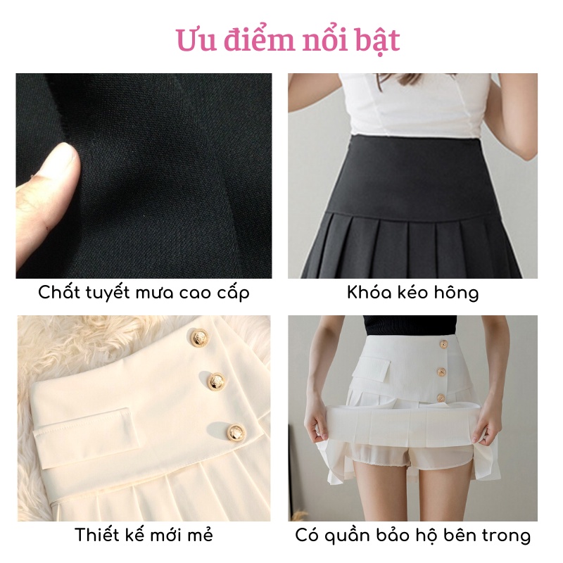 Chân váy tennis xếp ly ngắn lưng cao chữ A đen trắng trẻ trung năng động vạt chéo 3 khuy vải dày có bigsize CV24