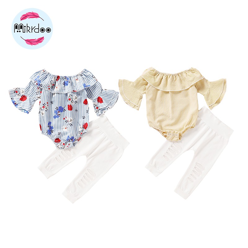 Bộ Đồ Mikrdoo 2 Món Gồm Áo Liền Quần In Họa Tiết Hoa + Quần Dài Thiết Kế Rách Cho Bé Gái Sơ Sinh