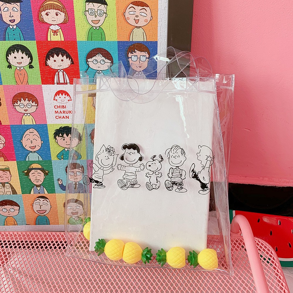 Túi xách plastic trong suốt Ulzzang in hình cún Snoopy và cô cậu bé ♥️ URI DECOR ♥️