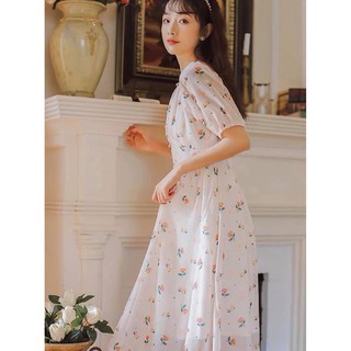 Váy hoa nhí rúm ngực dáng dài tiểu thư