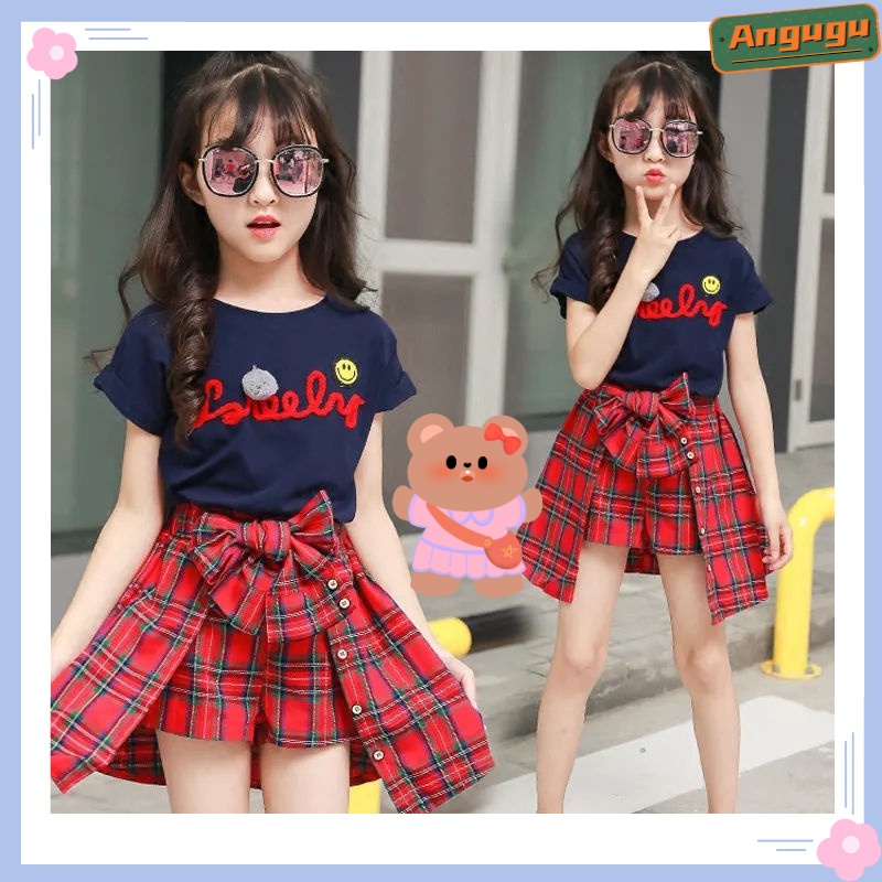 Angugu Children's Fashion 2PCS（Blouses+Skirt） High Quality Korean Skirt for Kids Girl Casual Clothes 3 To 4 To 5 To 6 To 7 To 8 To 9 To 10 To 11 To 12 Year Old Blouses T Shirt for Teens Terno Sale #G6-TZ136