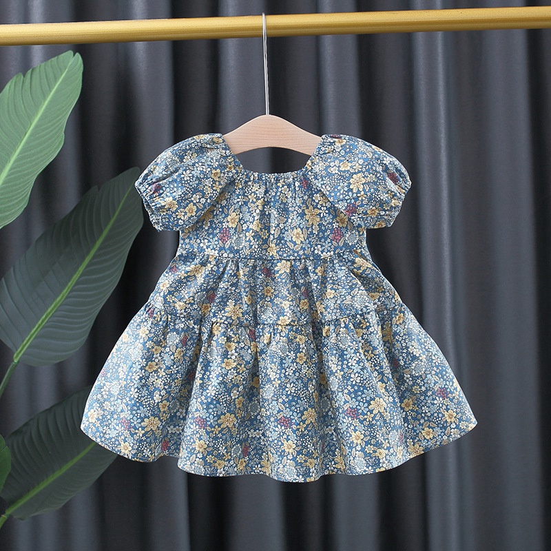 Đầm cotton tay phồng dài in họa tiết hoa phong cách phương Tây thời trang mùa hè cho bé gái 9 tháng-3 tuổi