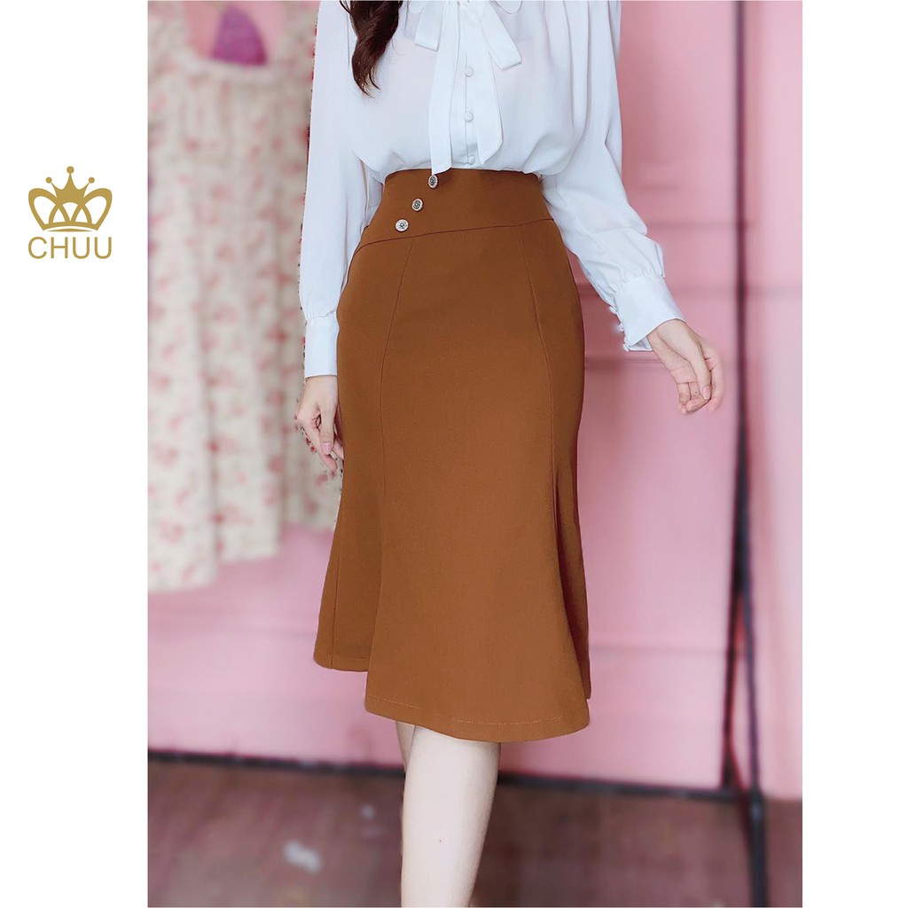 Chân váy công sở nữ kiểu chân váy đuôi cá xòe đính 3 nút sang trọng CHUU CV6109