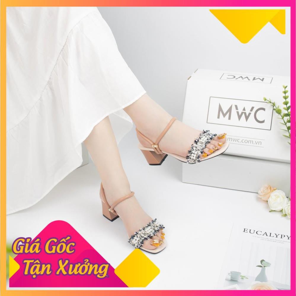 🌈FREESHIP🌈 Giày cao gót nữ quai ngang phối ren đế vuông MWC NUCG-3917